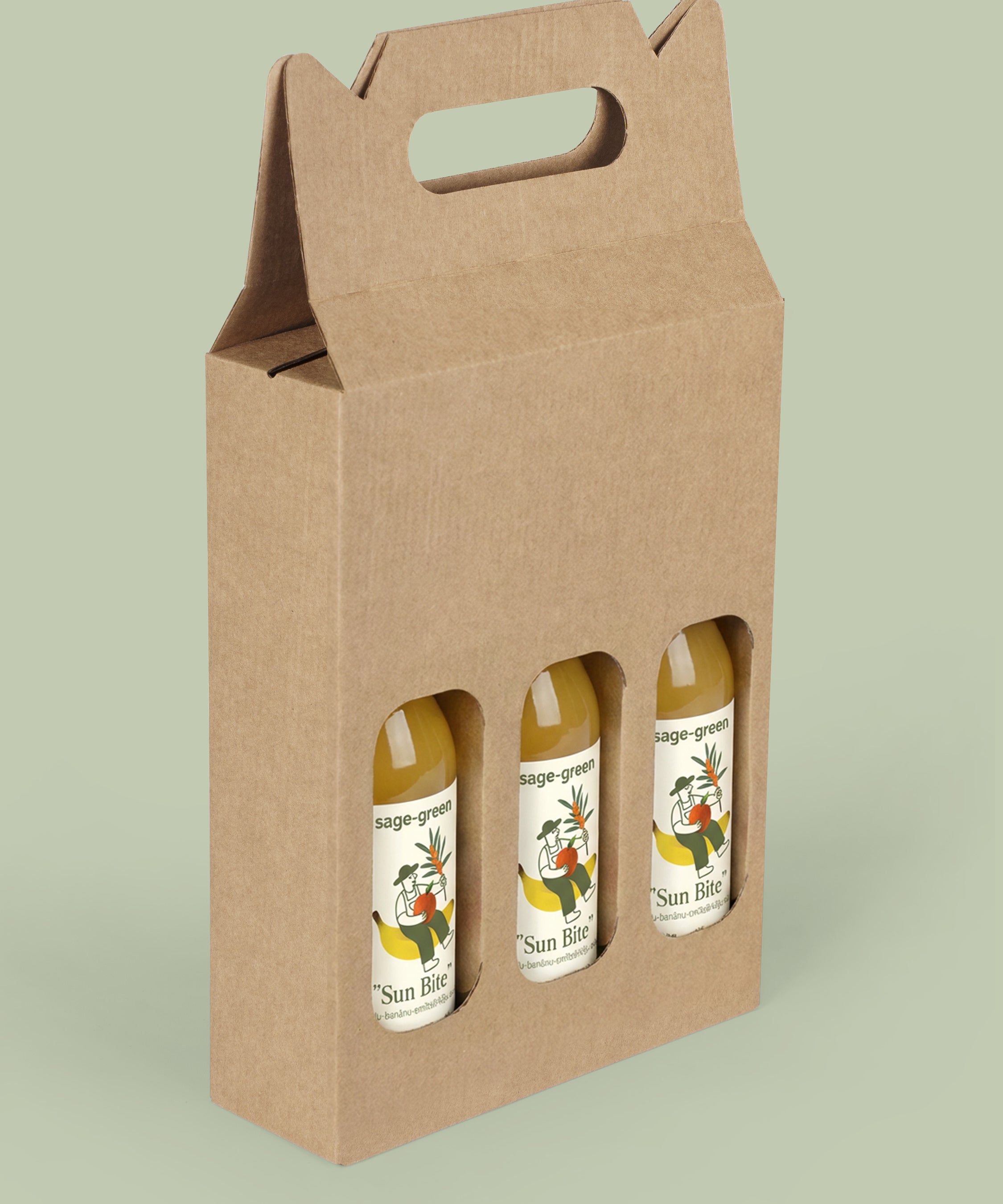 Cardboard bottle carrier with three bottles inside on a light green background